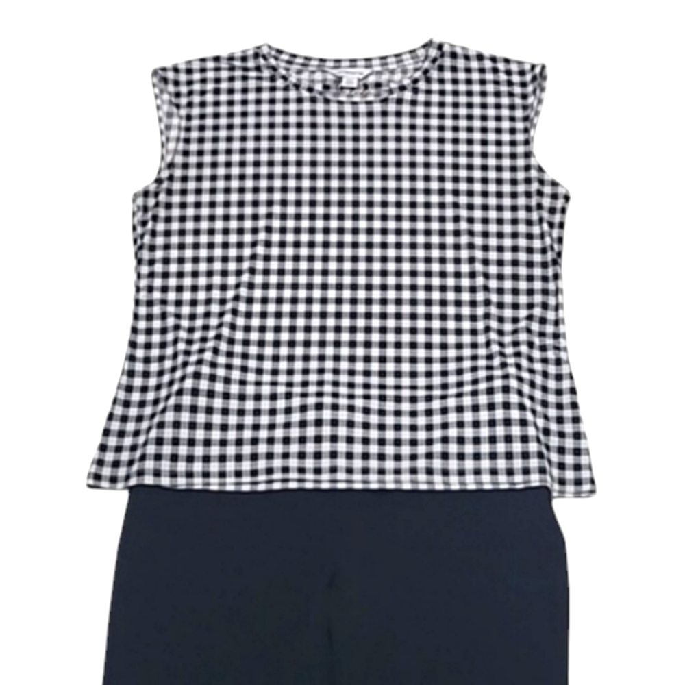 Liz Claiborne Cutout Neck Blouse Silver Accent Short Sleeve Checkered Print Top